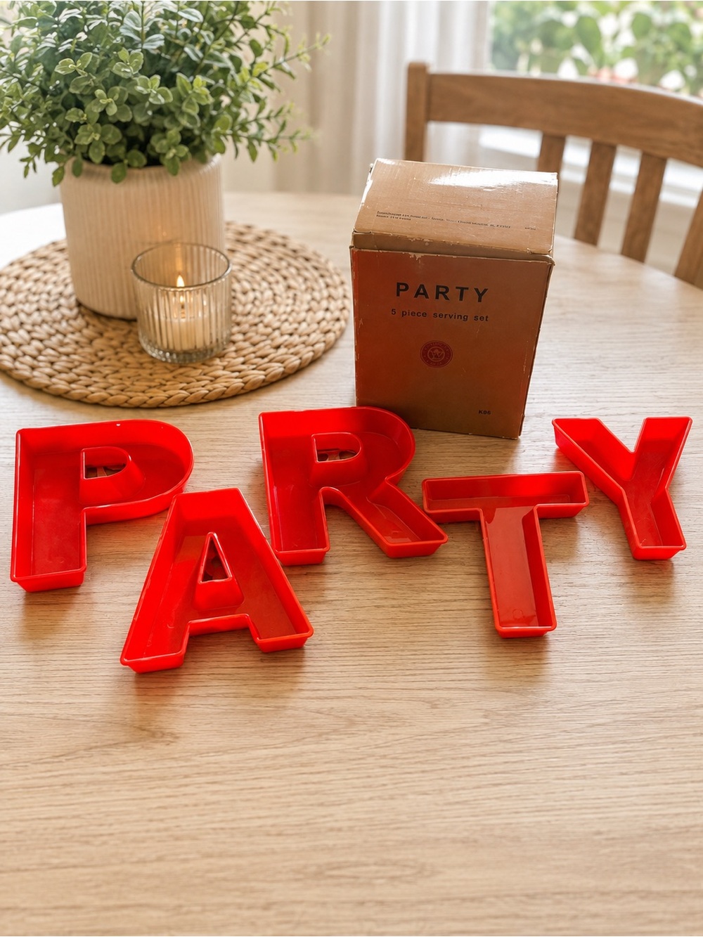 Vtg Party 5 Pc Letter Serving Tray Set Box Kathryn Beich Candy Snack Red Decor